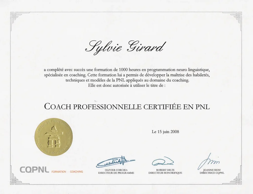 Diplôme de Coach professionnelle certifiée en PNL