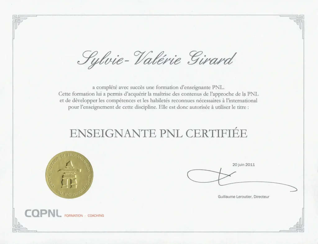 Diplôme d'enseignante PNL certifiée