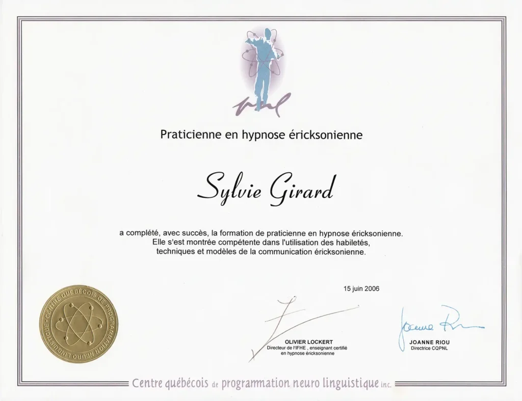 Diplôme de praticienne en hypnose éricksonienne
