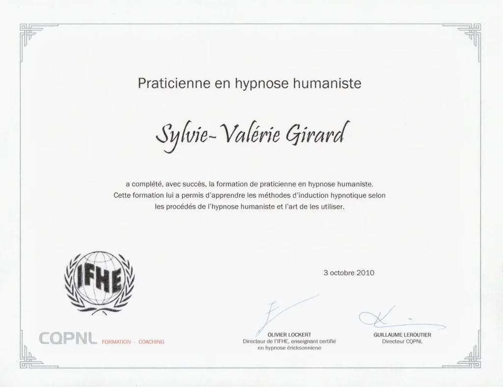 Diplôme de Praticienne en hypnose humaniste